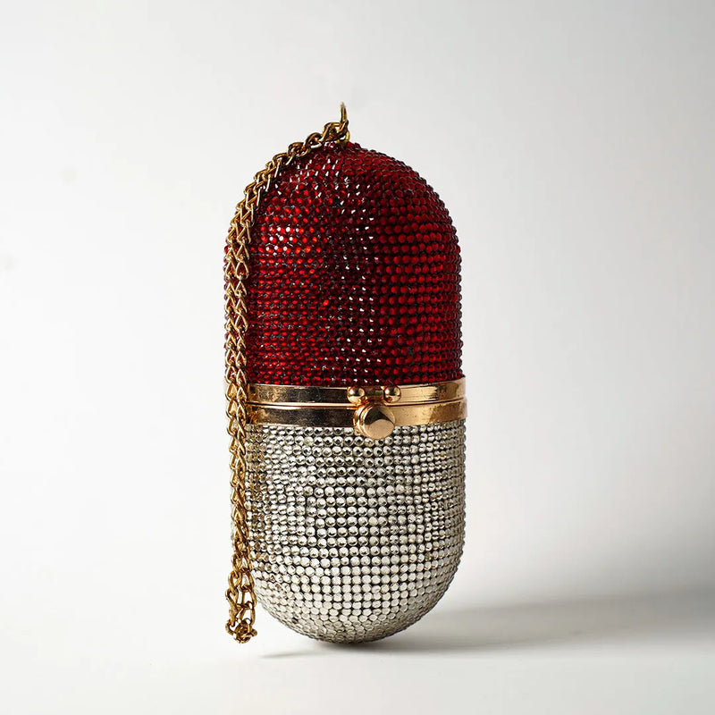Pill Silver Red Crystal Clutch | Handcrafted Luxury Bag  display picture 1